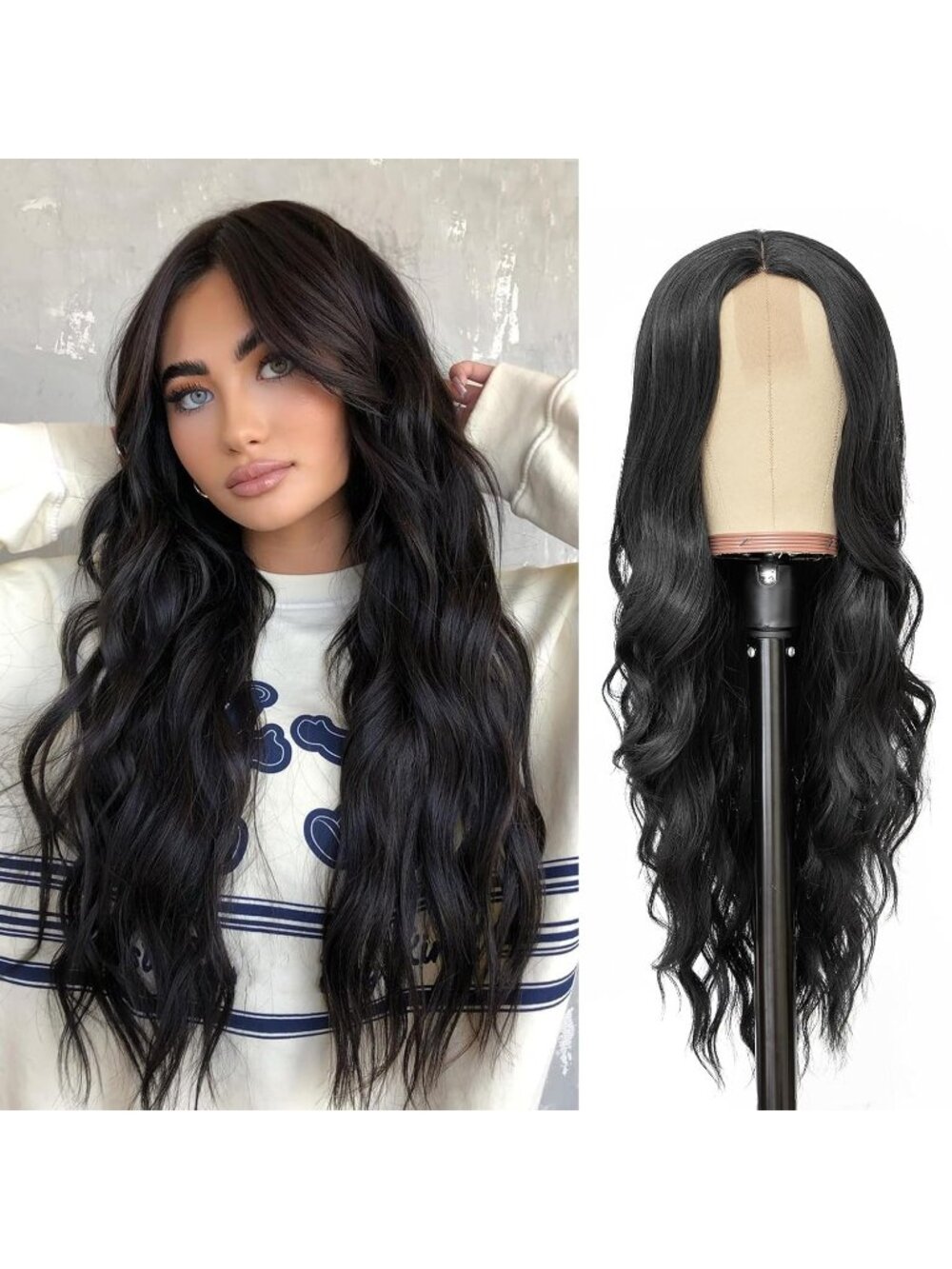 Women's Black 26 Inch Natural Looking Heat Resistant Long Wavy Wigs